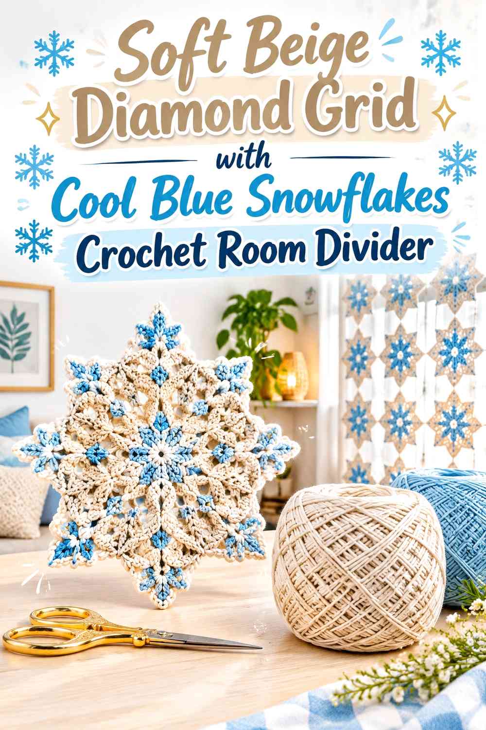 Soft Beige Diamond Grid with Cool Blue Snowflakes Crochet Room Divider