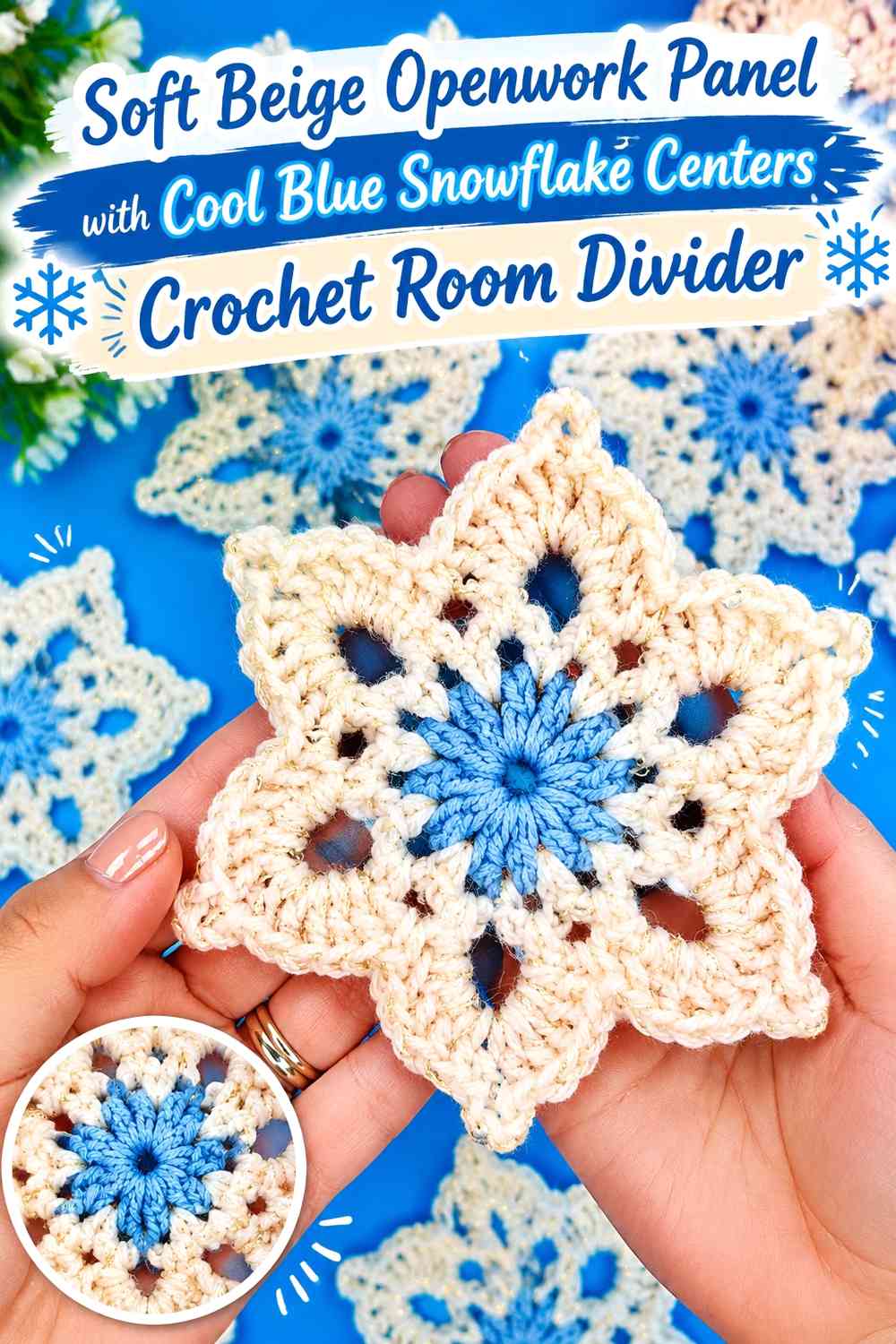 Soft Beige Openwork Panel with Cool Blue Snowflake Centers Crochet Room Divider