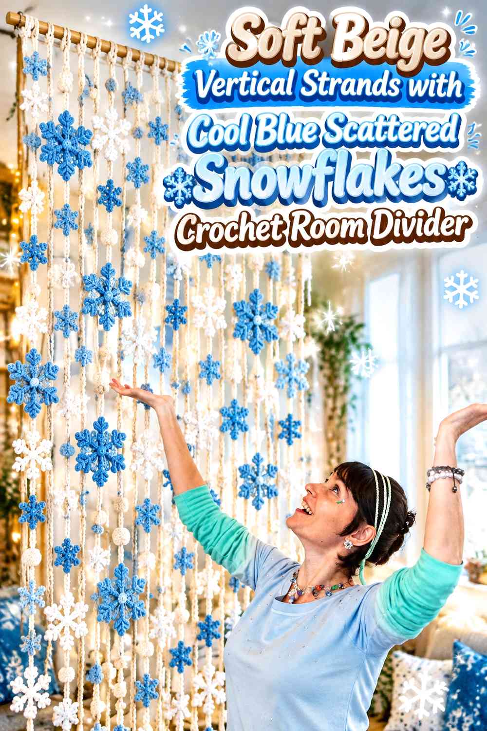 Soft Beige Vertical Strands with Cool Blue Scattered Snowflakes Crochet Room Divider