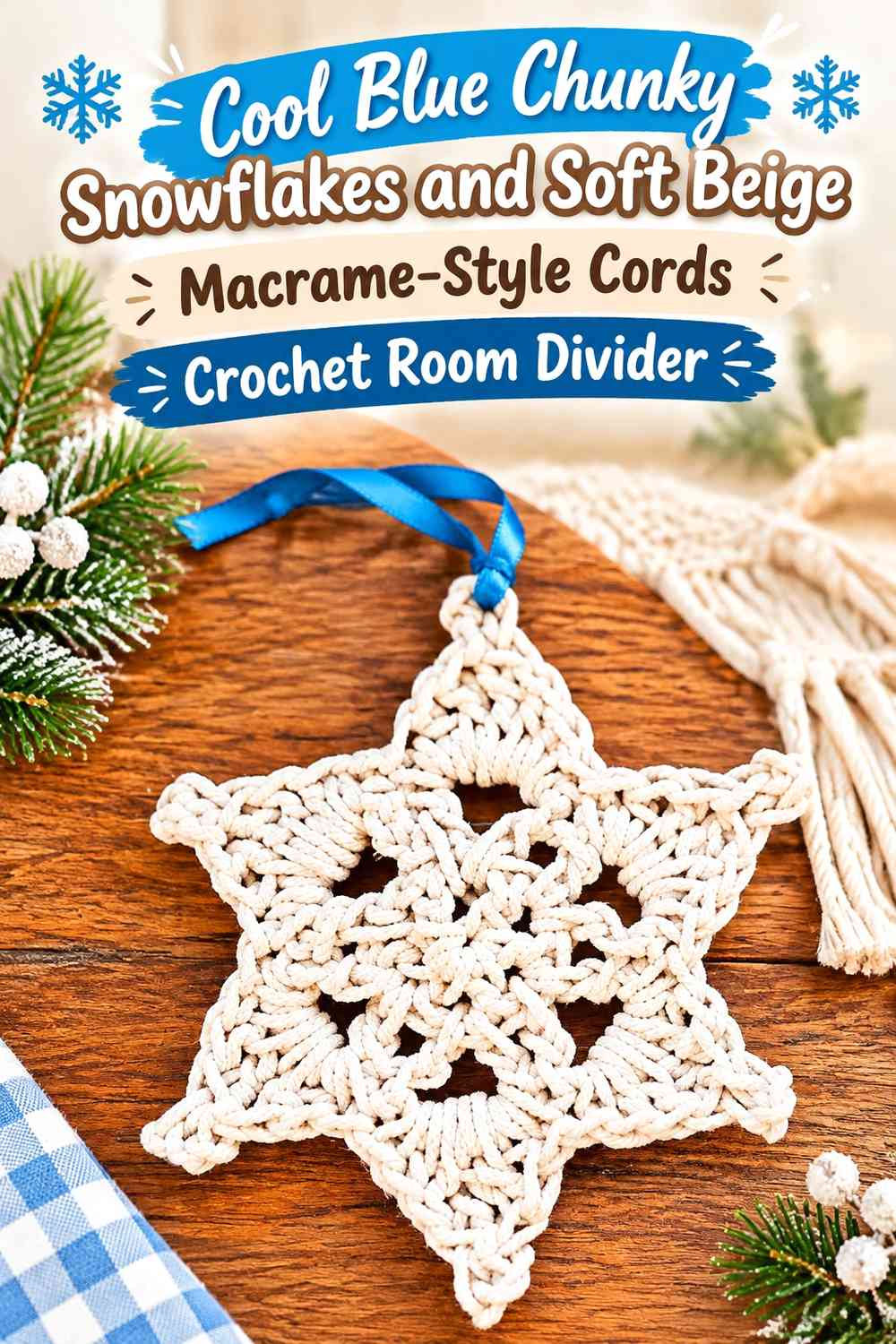 Soft Beige Wide Panel with Cool Blue Snowflake Window Crochet Room Divider