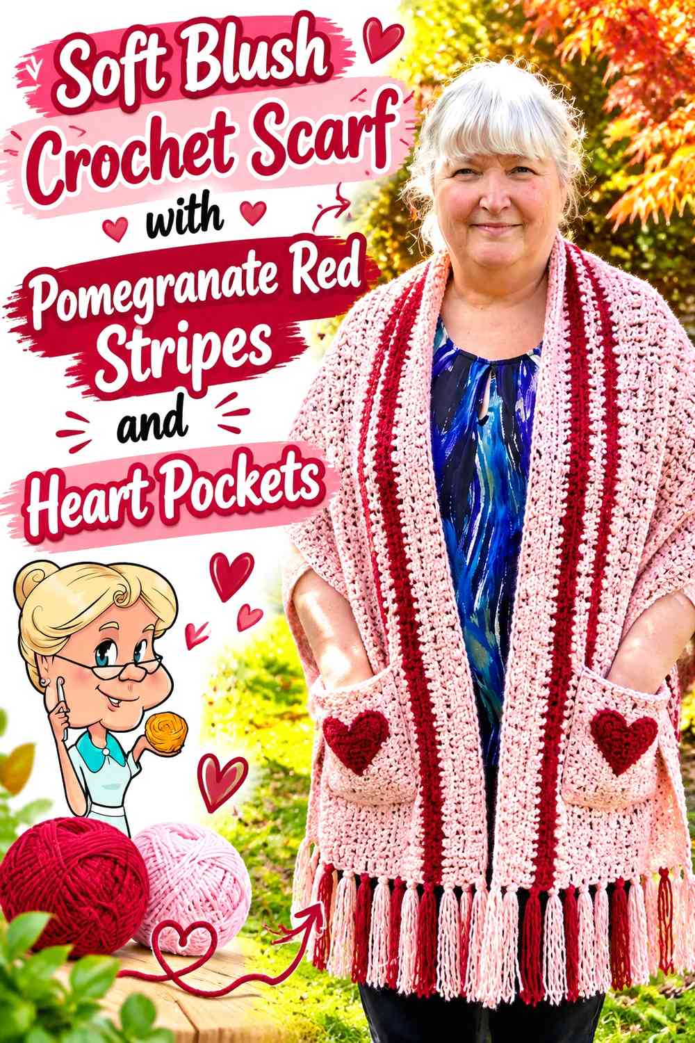 Soft Blush Crochet Scarf with Pomegranate Red Stripes and Heart Pockets