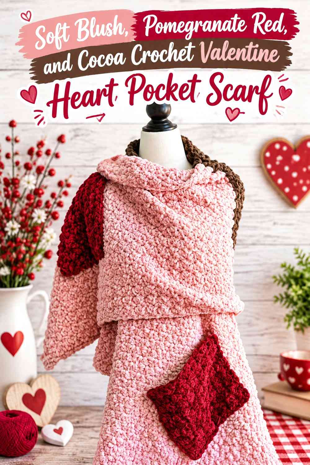 Soft Blush, Pomegranate Red, and Cocoa Crochet Valentine Heart Pocket Scarf