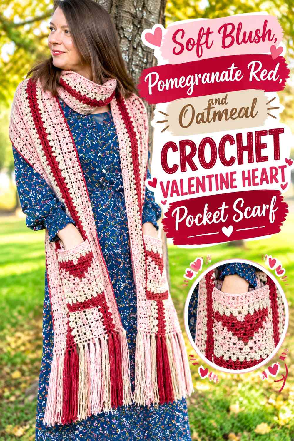 Soft Blush, Pomegranate Red, and Oatmeal Crochet Valentine Heart Pocket Scarf