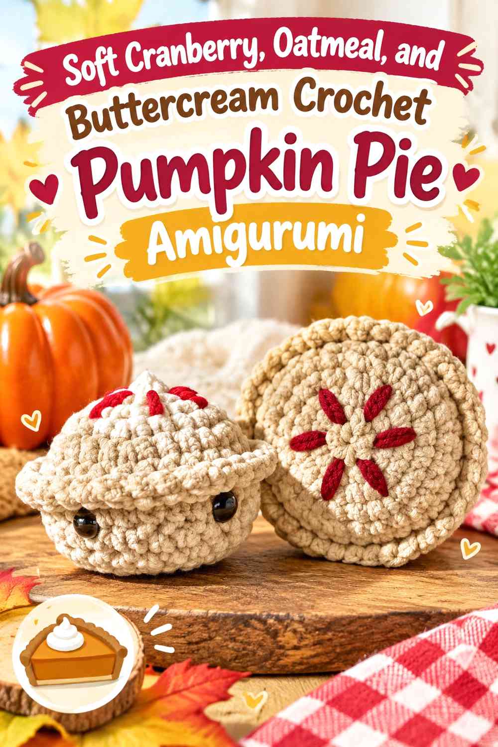Soft Cranberry, Oatmeal, and Buttercream Crochet Pumpkin Pie Amigurumi