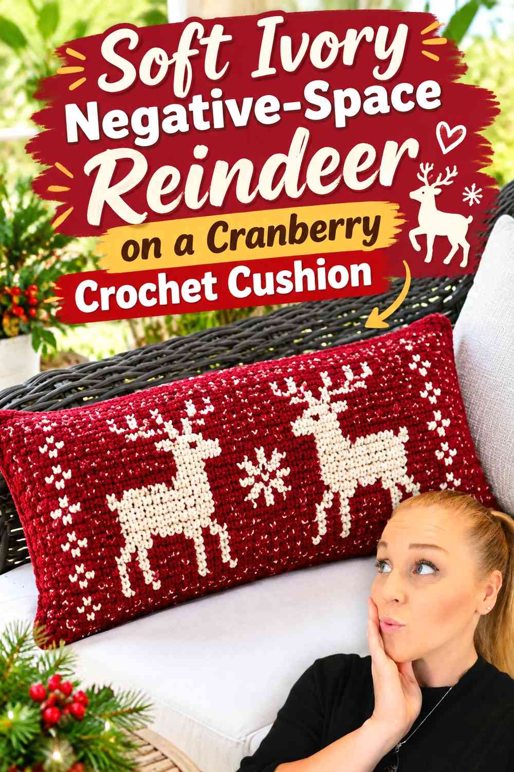 Soft Ivory Negative-Space Reindeer on a Cranberry Crochet Cushion