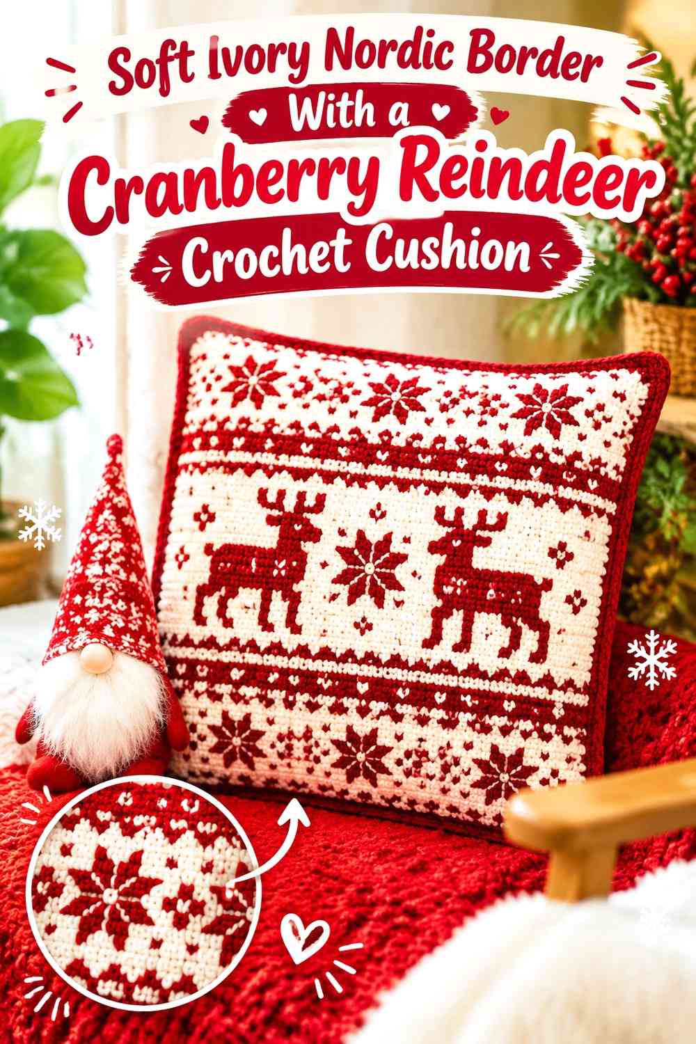 Soft Ivory Nordic Border With a Cranberry Reindeer Crochet Cushion