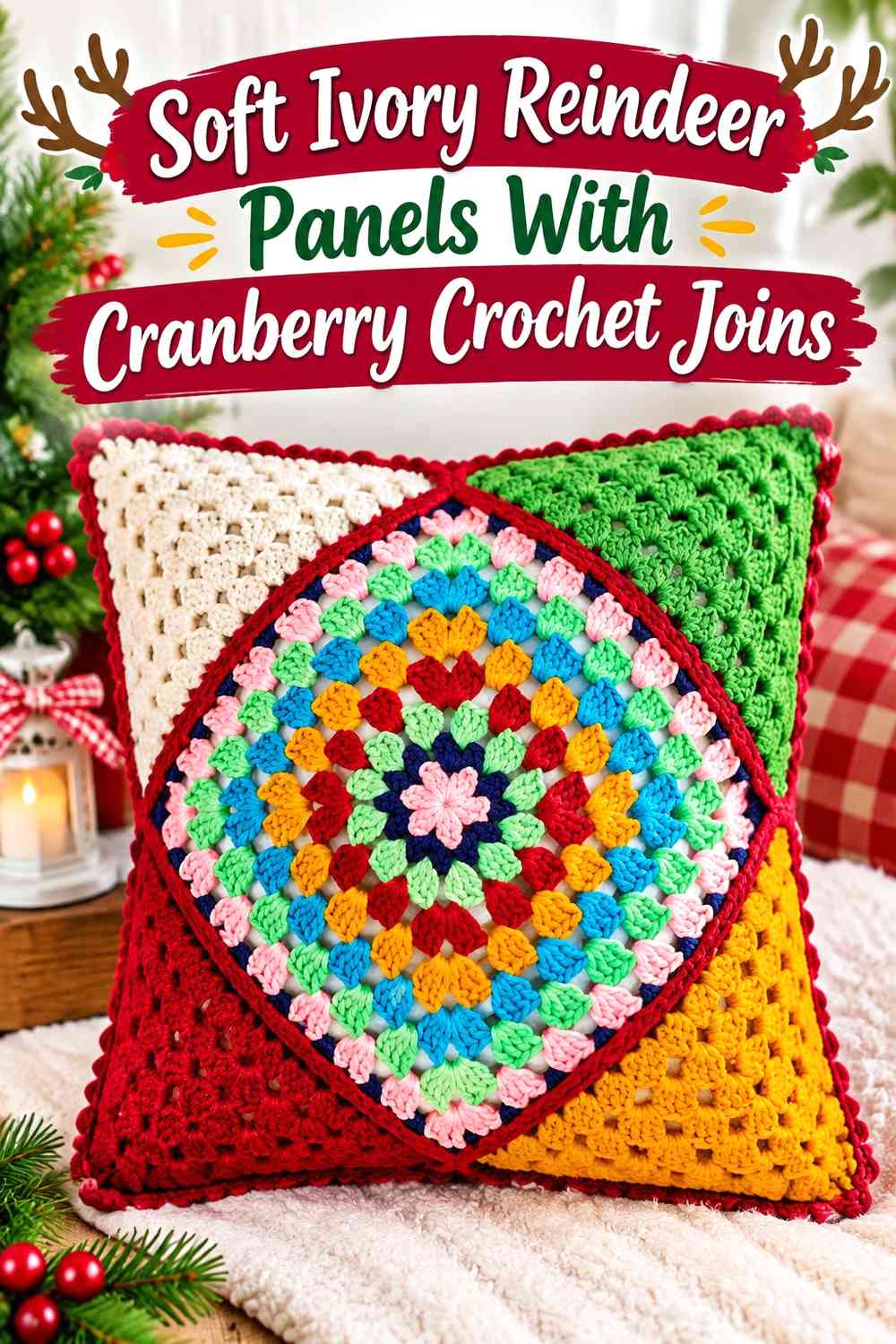 Soft Ivory Reindeer Panels With Cranberry Crochet Joins