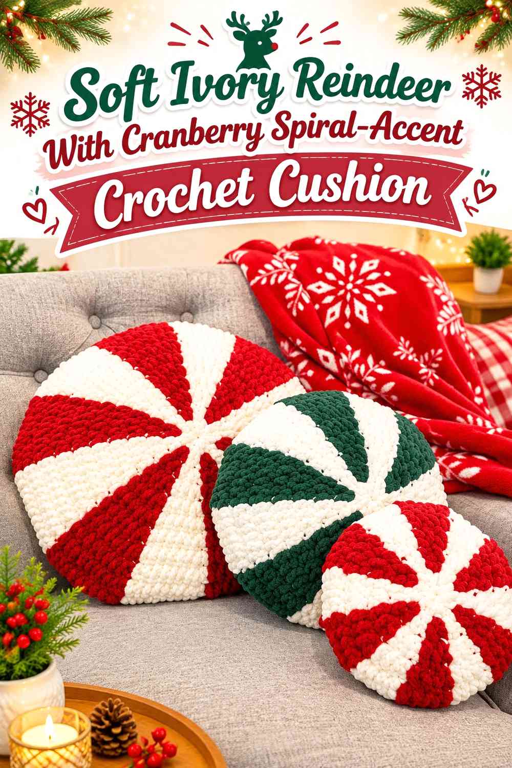 Soft Ivory Reindeer With Cranberry Spiral-Accent Crochet Cushion