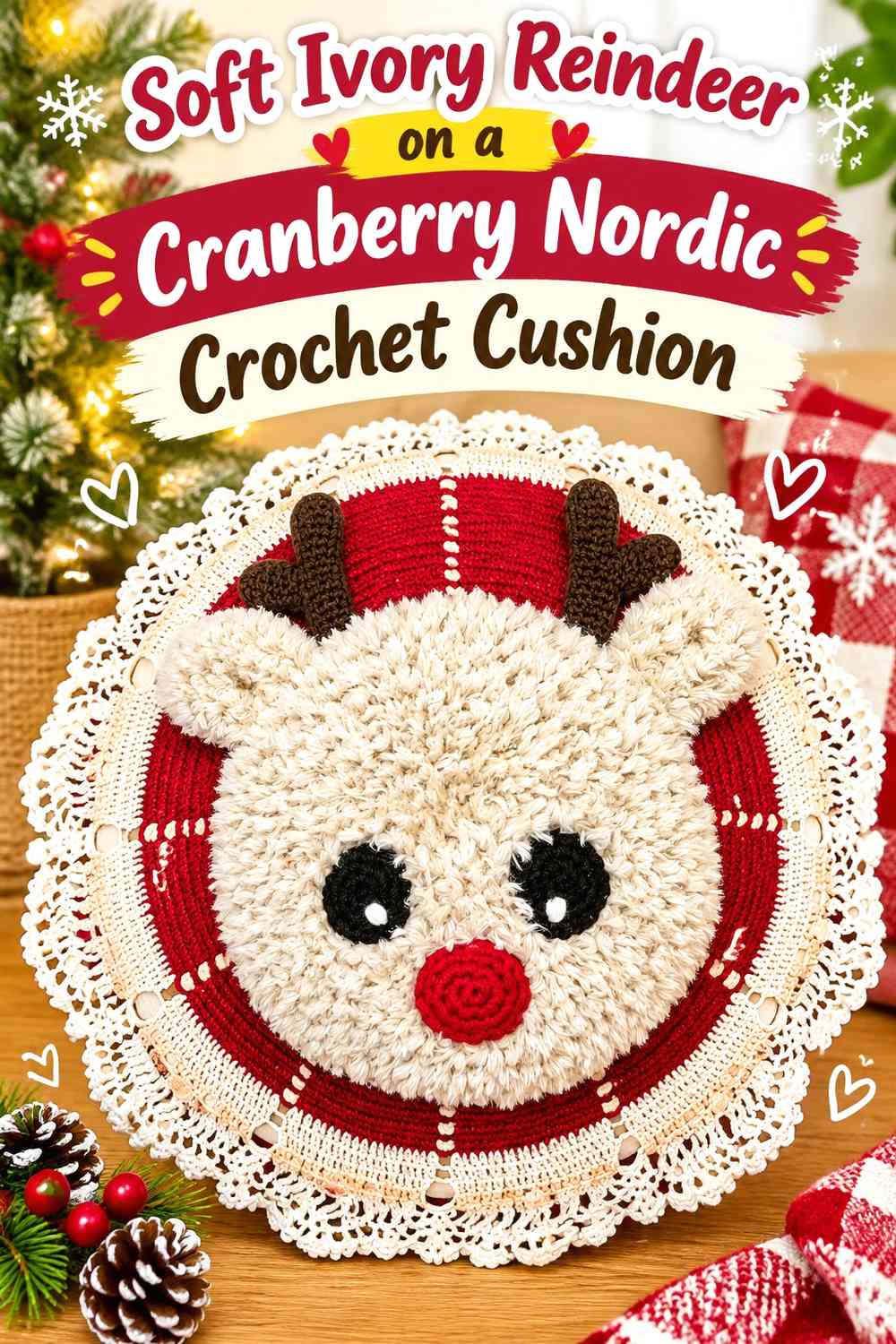 Soft Ivory Reindeer on a Cranberry Nordic Crochet Cushion