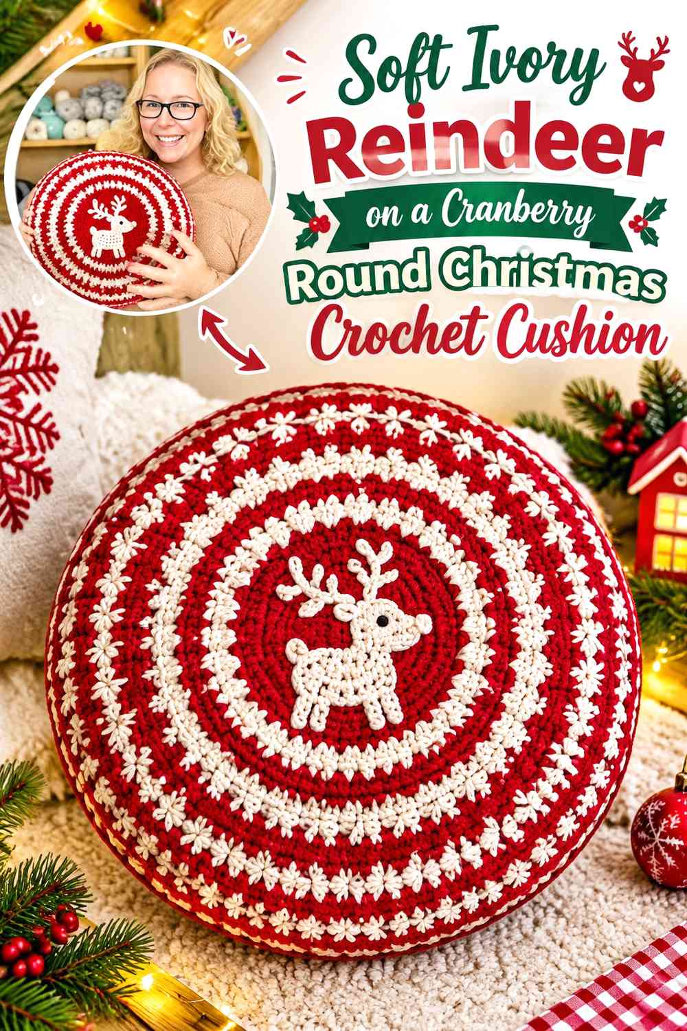 Soft Ivory Reindeer on a Cranberry Round Christmas Crochet Cushion