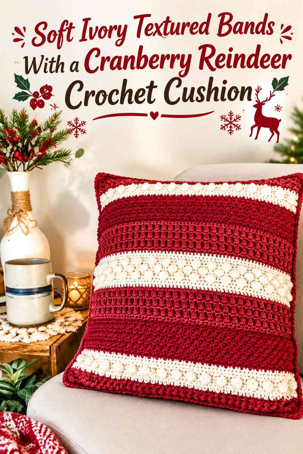 Soft Ivory Textured Bands With a Cranberry Reindeer Crochet Cushion