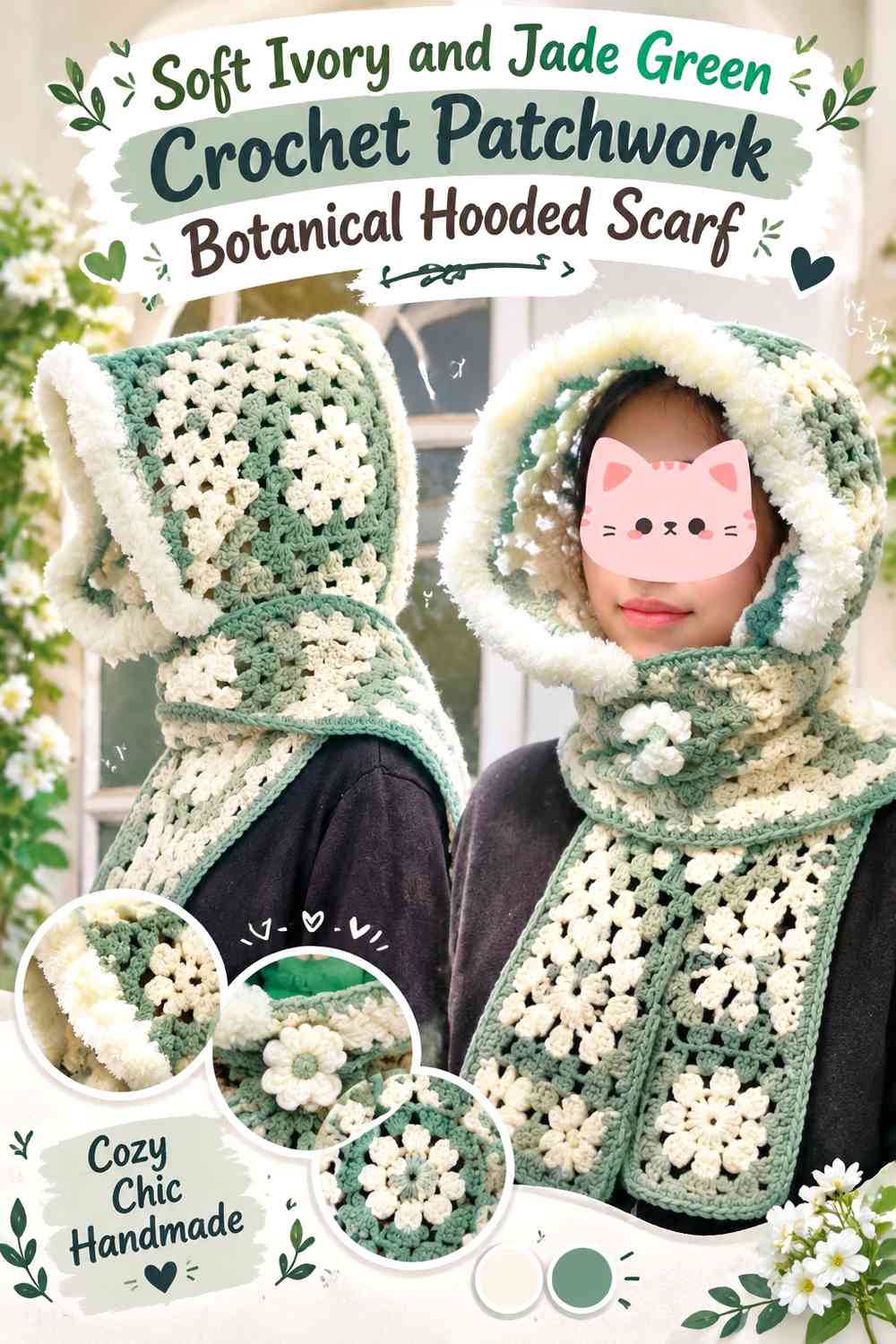 Soft Ivory and Jade Green Crochet Patchwork Botanical Hooded Scarf