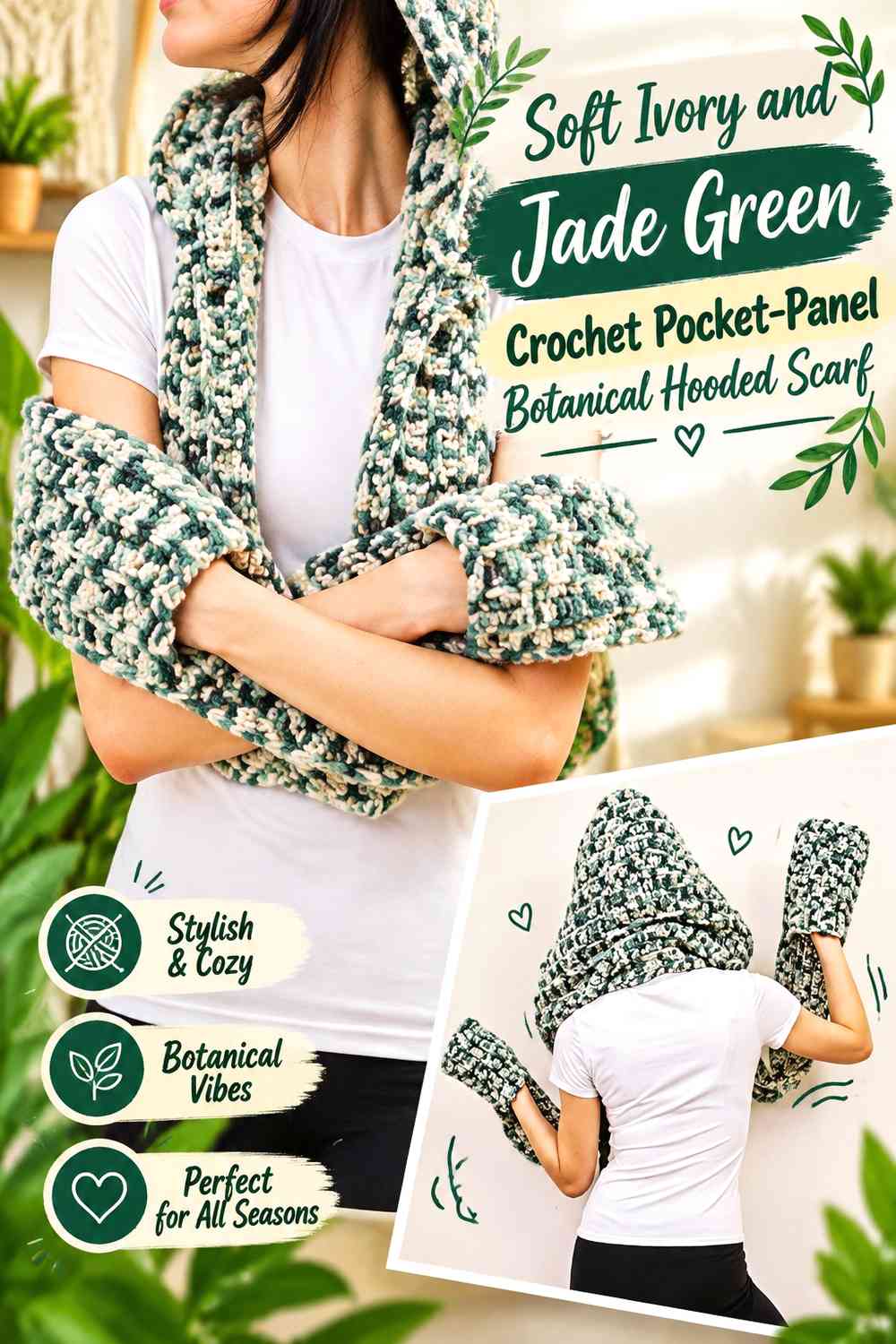 Soft Ivory and Jade Green Crochet Pocket-Panel Botanical Hooded Scarf