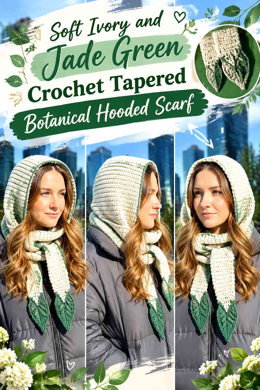 Soft Ivory and Jade Green Crochet Tapered Botanical Hooded Scarf