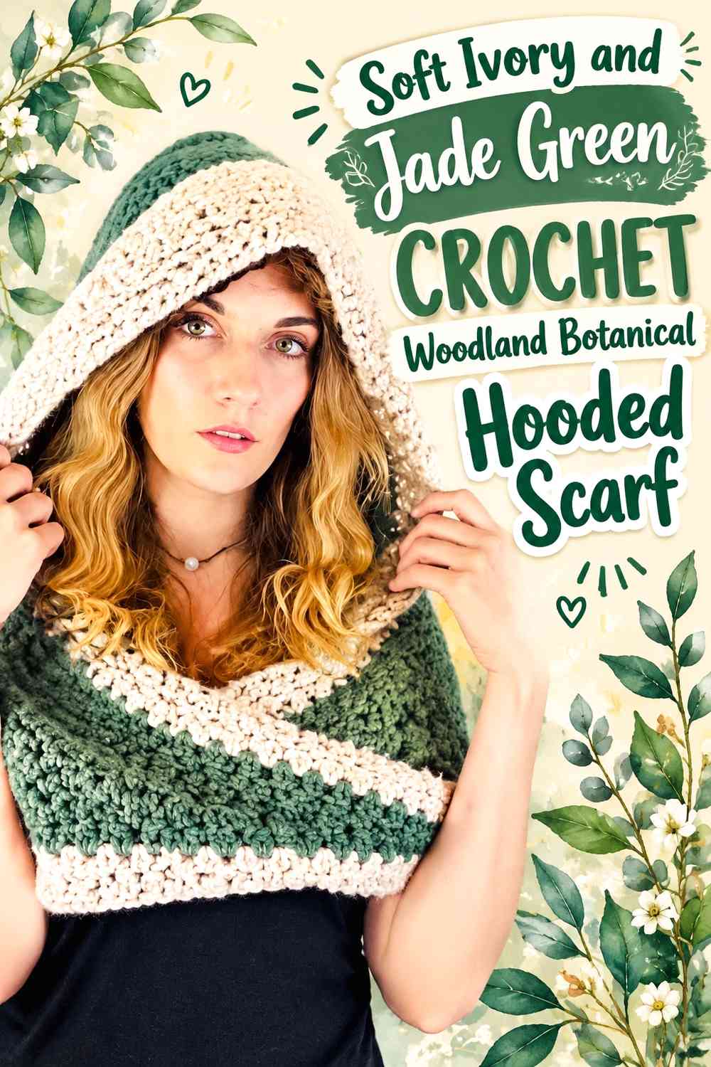 Soft Ivory and Jade Green Crochet Woodland Botanical Hooded Scarf
