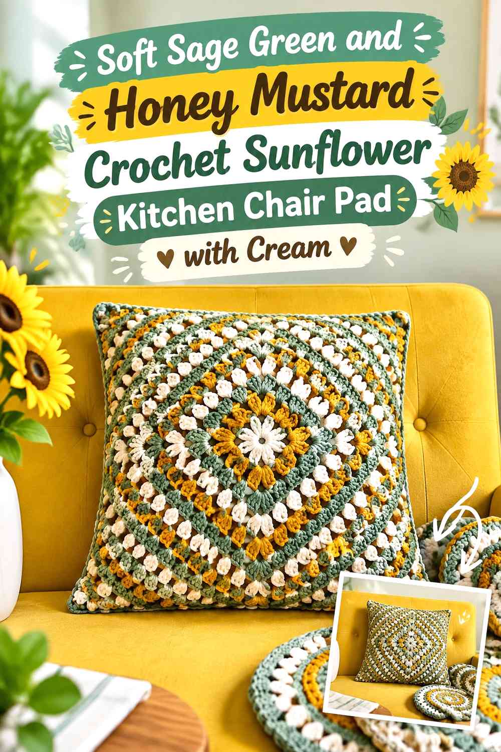 Soft Sage Green and Honey Mustard Crochet Sunflower Kitchen Chair Pad with Cream