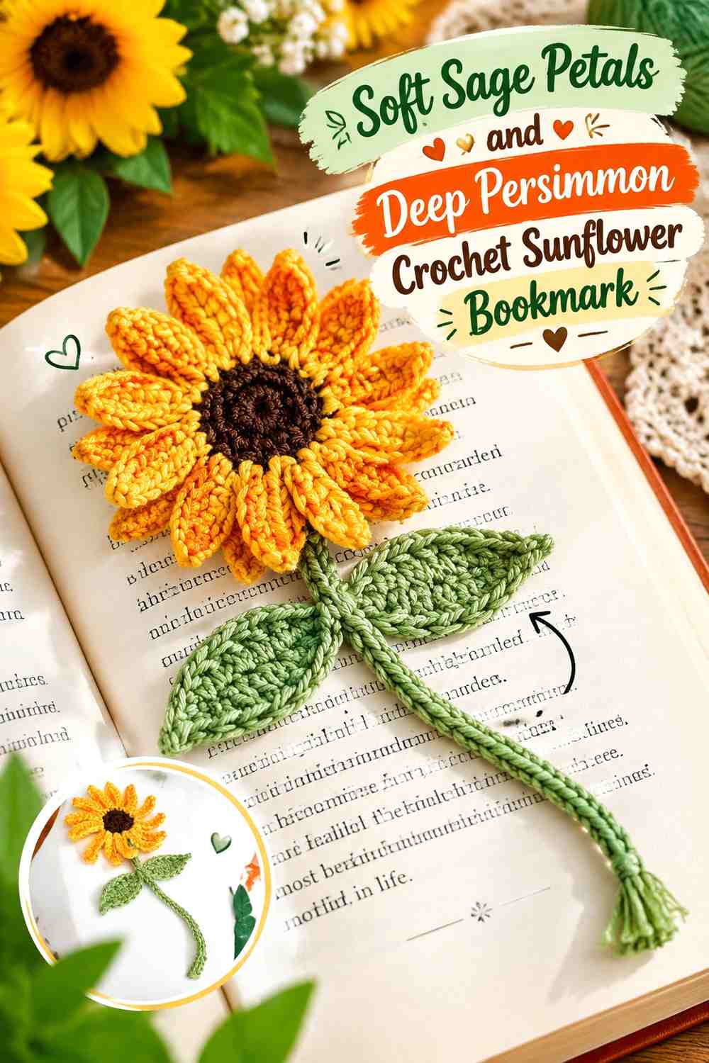 Soft Sage Petals and Deep Persimmon Crochet Sunflower Bookmark