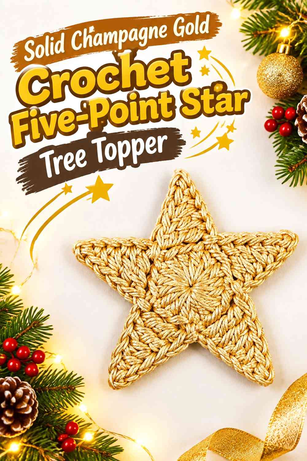 Solid Champagne Gold Crochet Five-Point Star Tree Topper