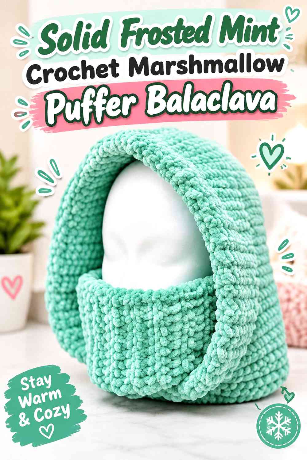 Solid Frosted Mint Crochet Marshmallow Puffer Balaclava