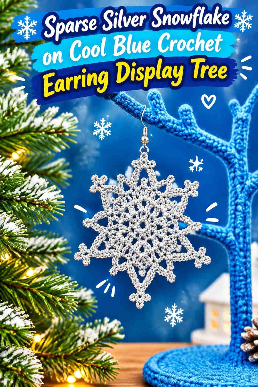 Sparse Silver Snowflake on Cool Blue Crochet Earring Display Tree