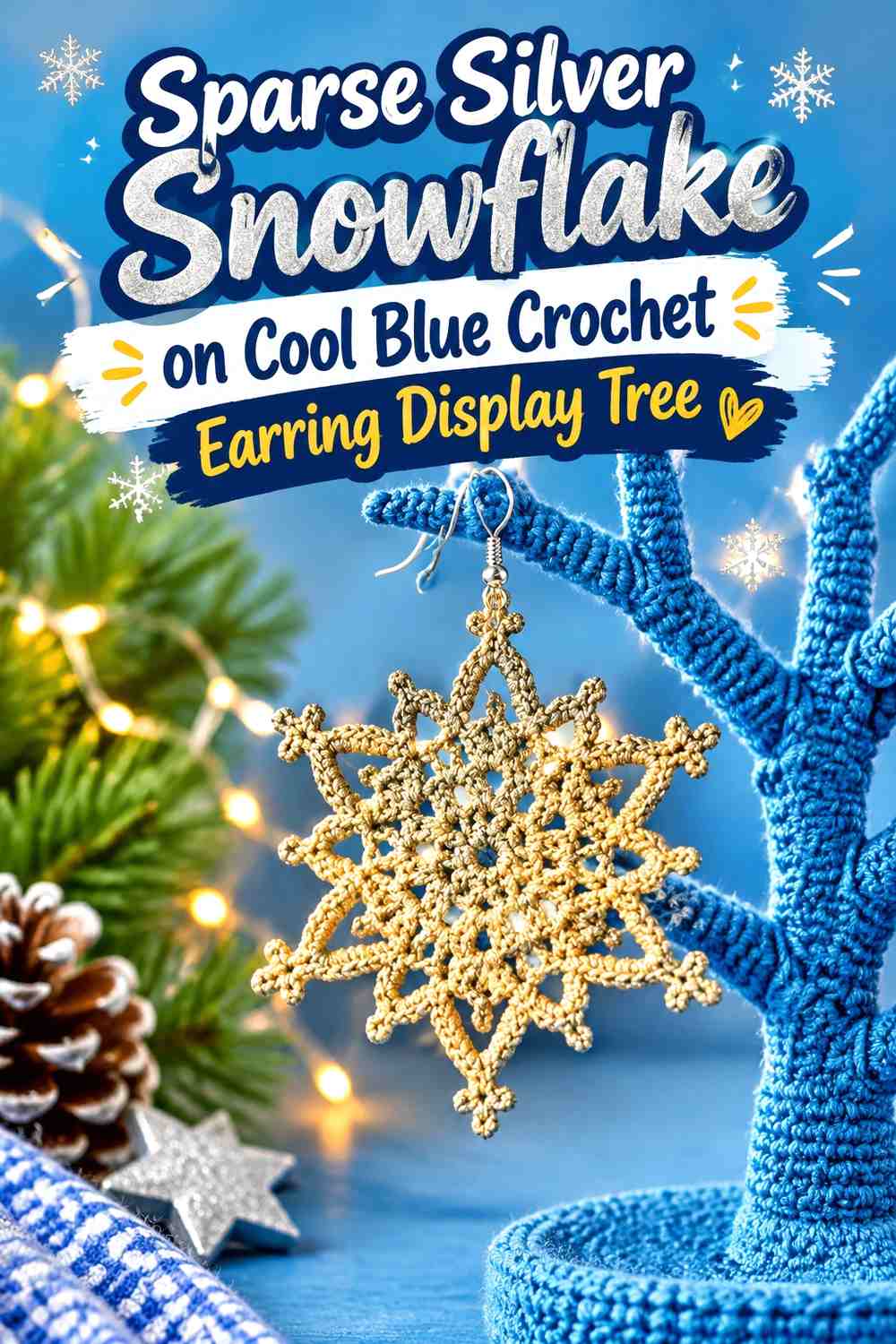 Sparse Silver Snowflake on Cool Blue Crochet Earring Display Tree