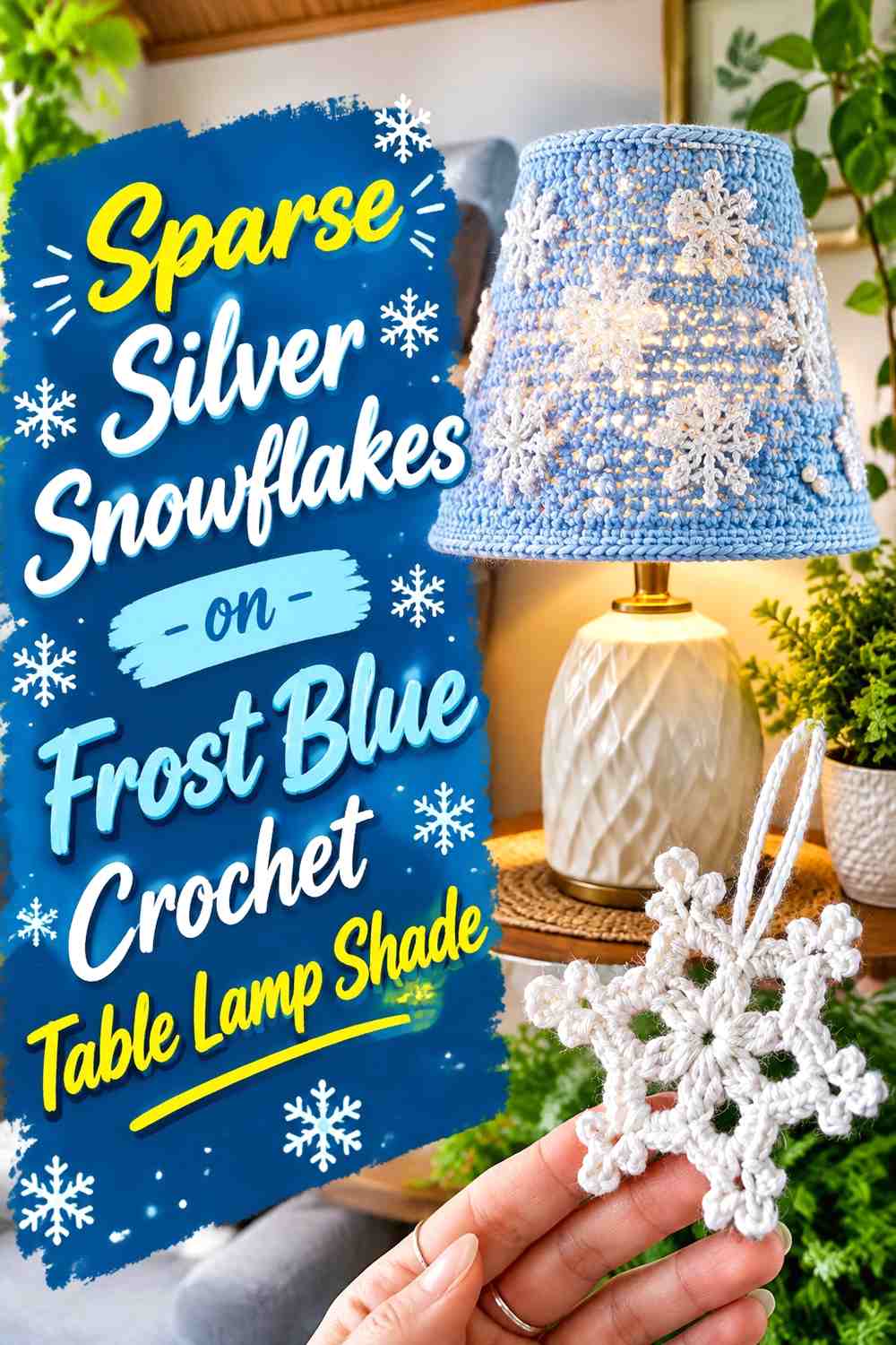 Sparse Silver Snowflakes on Frost Blue Crochet Table Lamp Shade