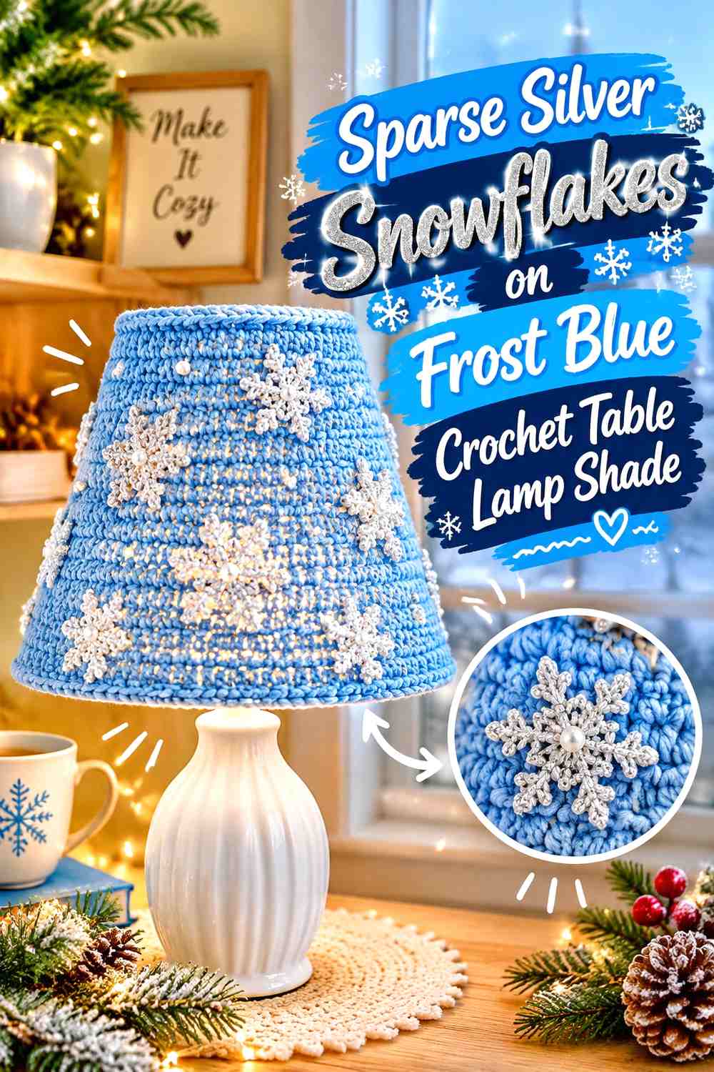 Sparse Silver Snowflakes on Frost Blue Crochet Table Lamp Shade