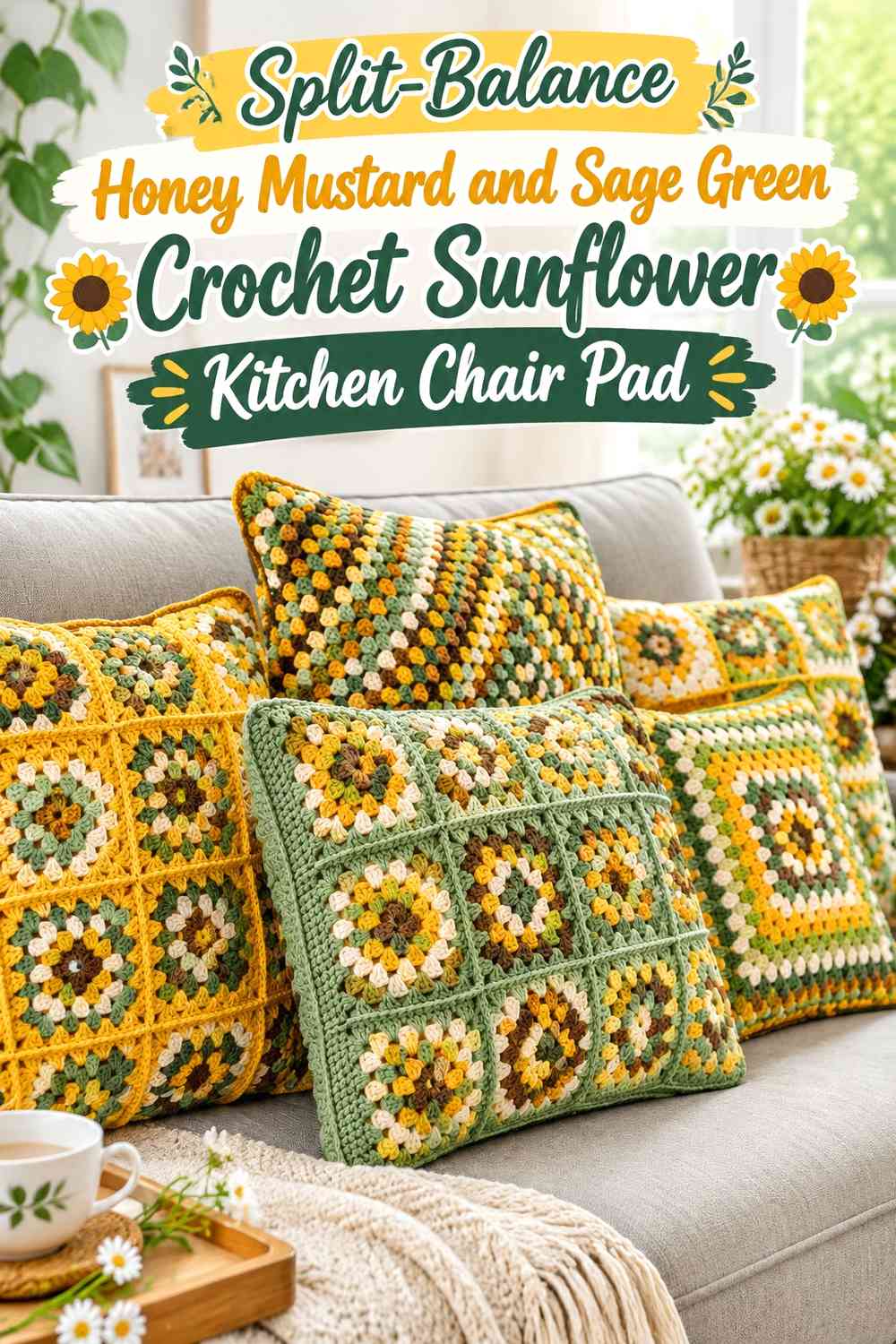 Split-Balance Honey Mustard and Sage Green Crochet Sunflower Kitchen Chair Pad