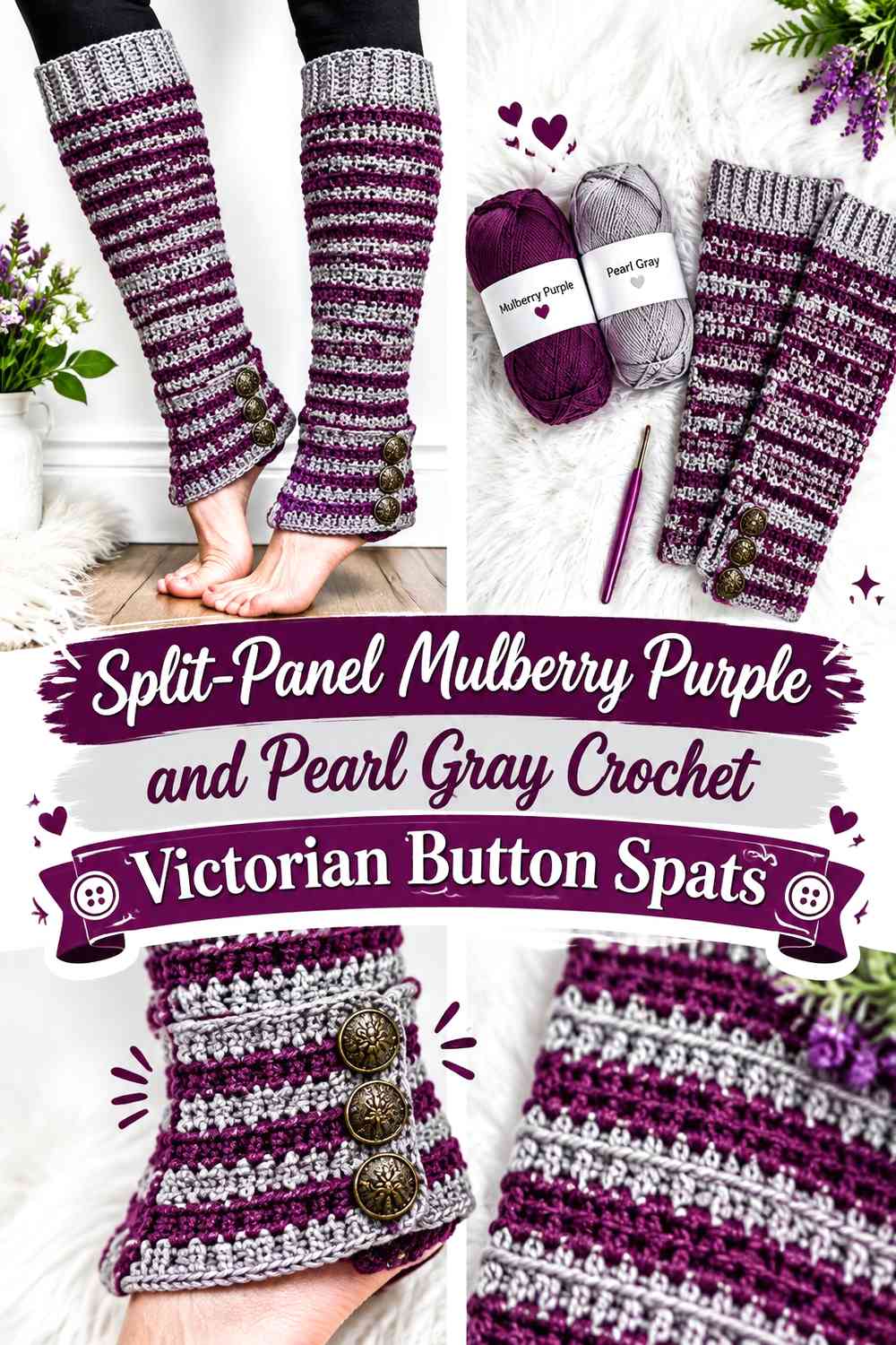 Split-Panel Mulberry Purple and Pearl Gray Crochet Victorian Button Spats