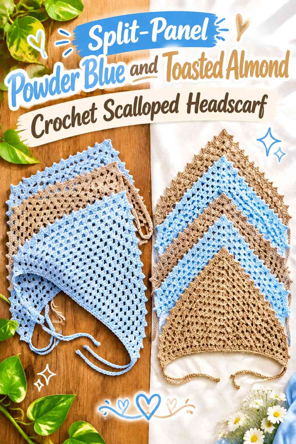 Split-Panel Powder Blue and Toasted Almond Crochet Scalloped Headscarf