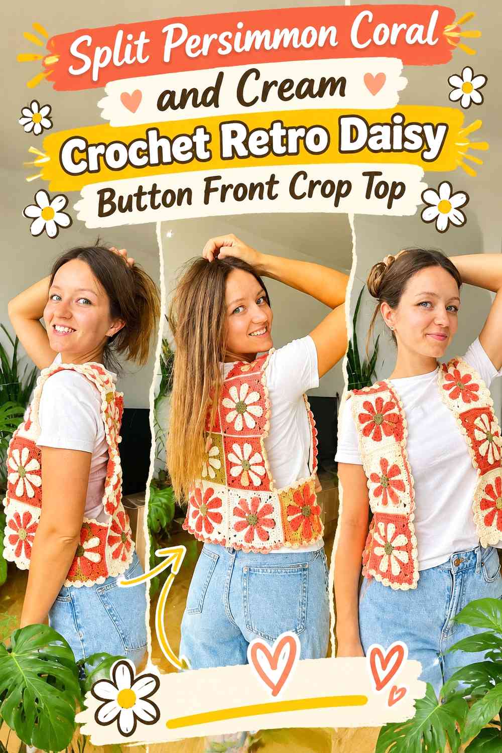 Split Persimmon Coral and Cream Crochet Retro Daisy Button Front Crop Top