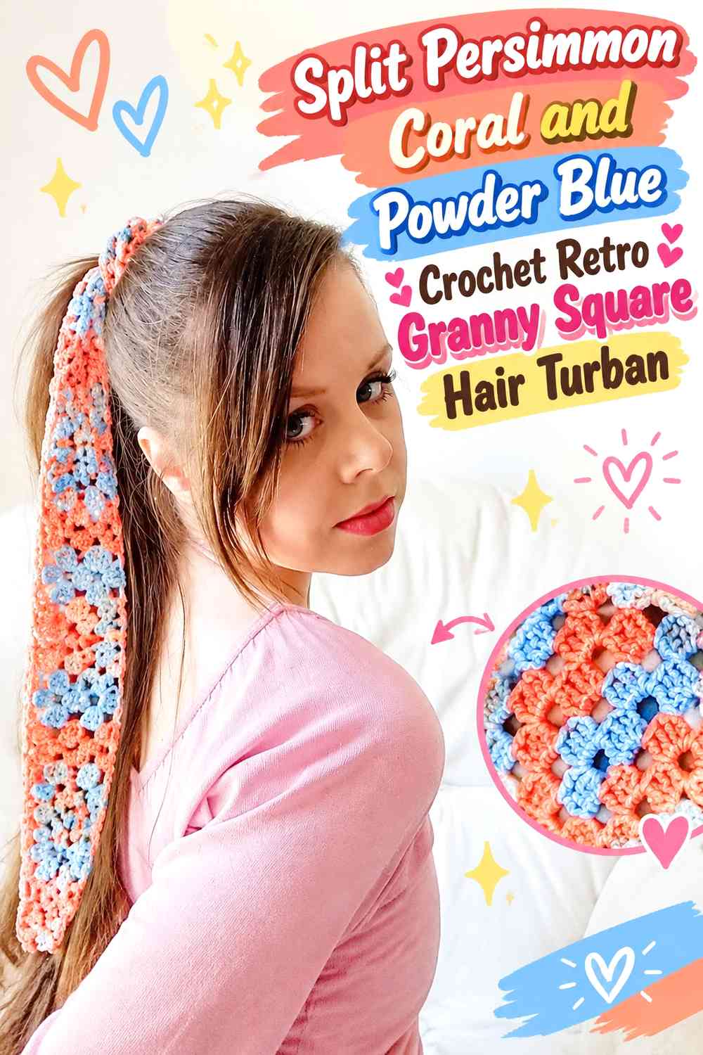 Split Persimmon Coral and Powder Blue Crochet Retro Granny Square Hair Turban