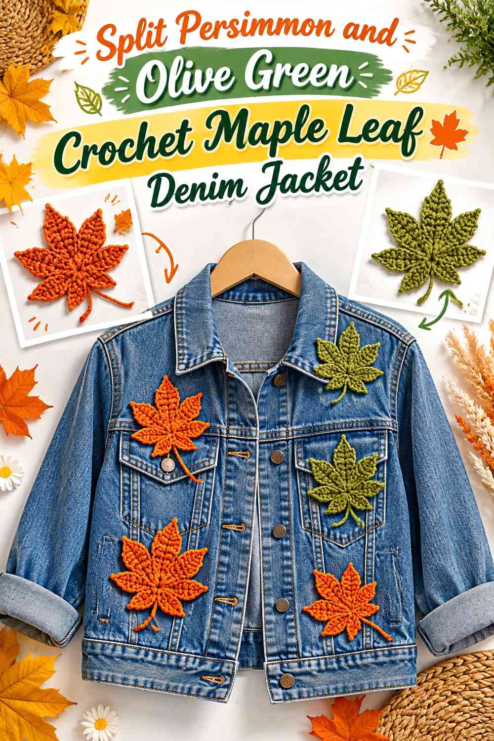 Split Persimmon and Olive Green Crochet Maple Leaf Denim Jacket
