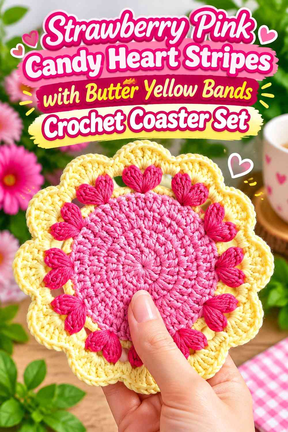 Strawberry Pink Candy Heart Stripes with Butter Yellow Bands Crochet Coaster Set