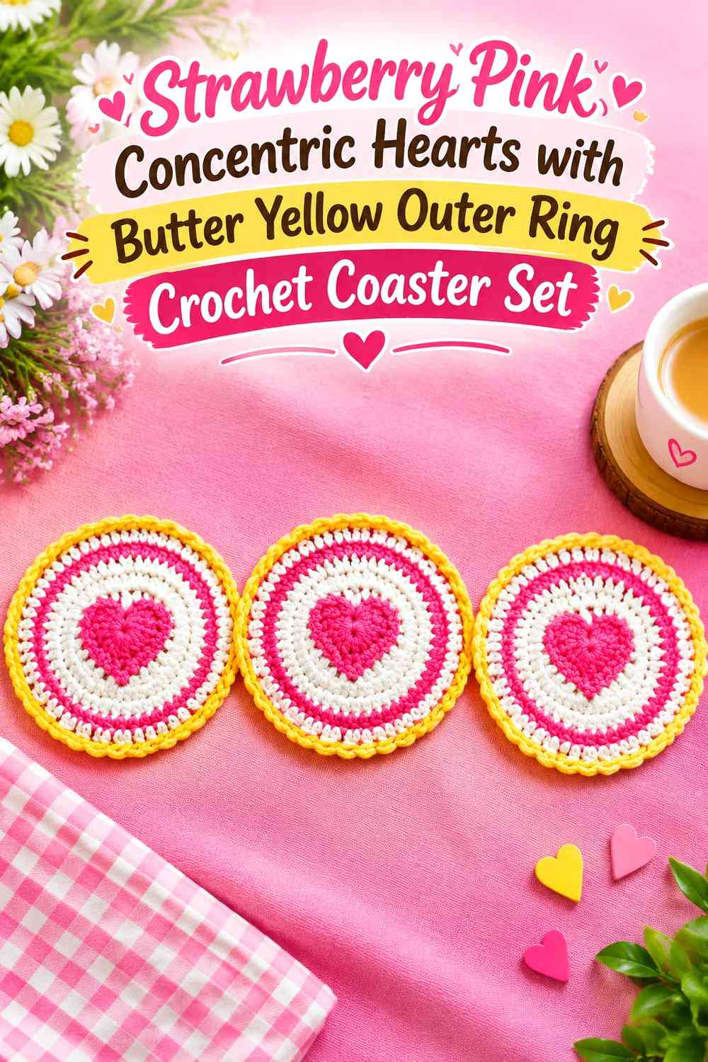 Strawberry Pink Concentric Hearts with Butter Yellow Outer Ring Crochet Coaster Set