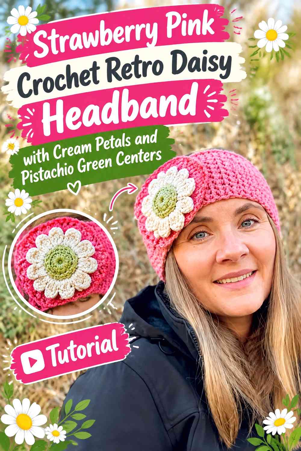 Strawberry Pink Crochet Retro Daisy Headband with Cream Petals and Pistachio Green Centers