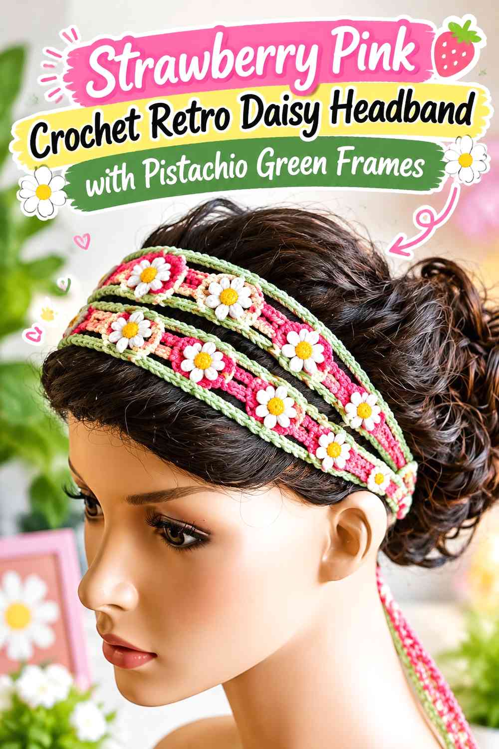 Strawberry Pink Crochet Retro Daisy Headband with Pistachio Green Frames