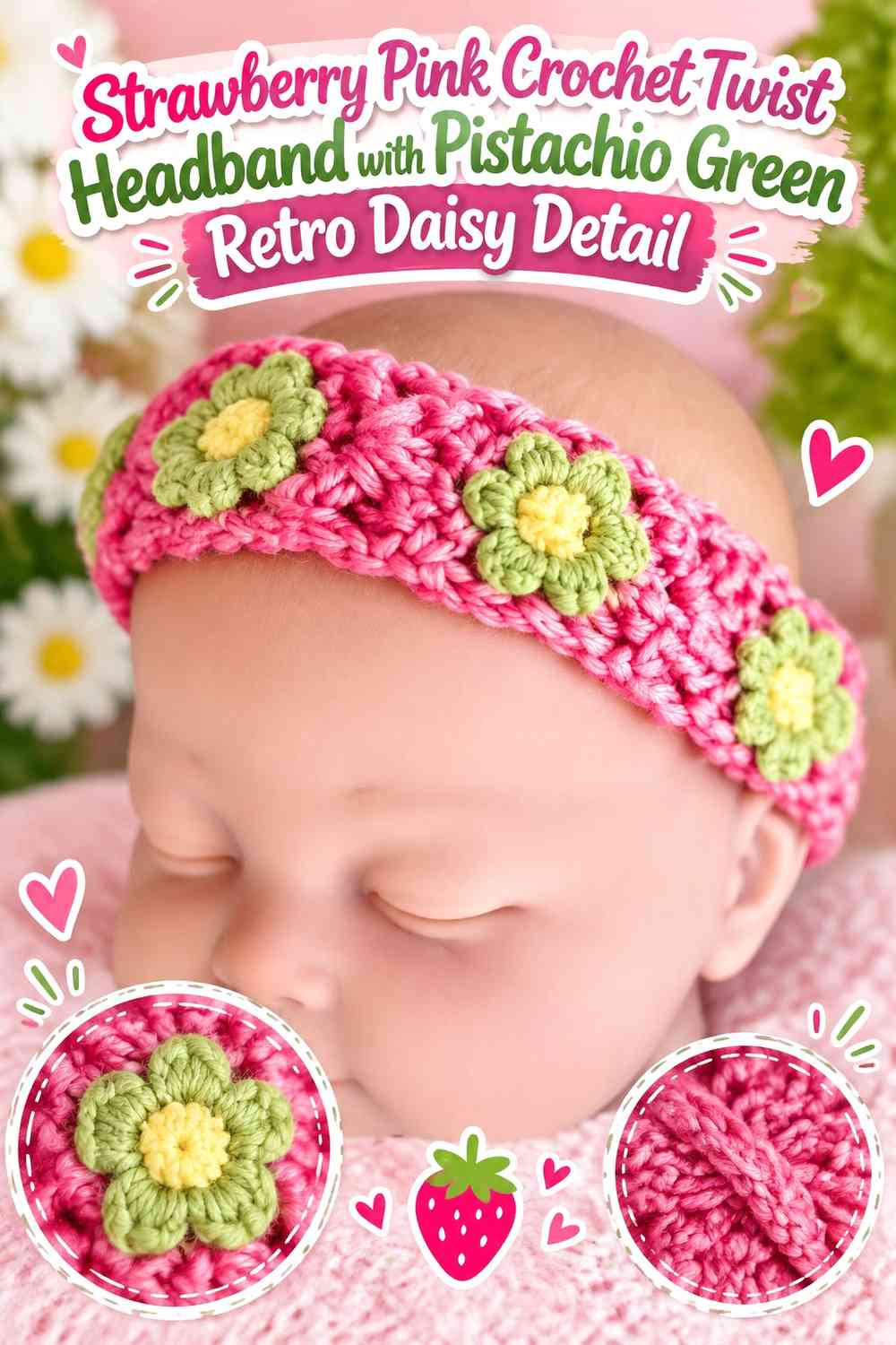Strawberry Pink Crochet Twist Headband with Pistachio Green Retro Daisy Detail