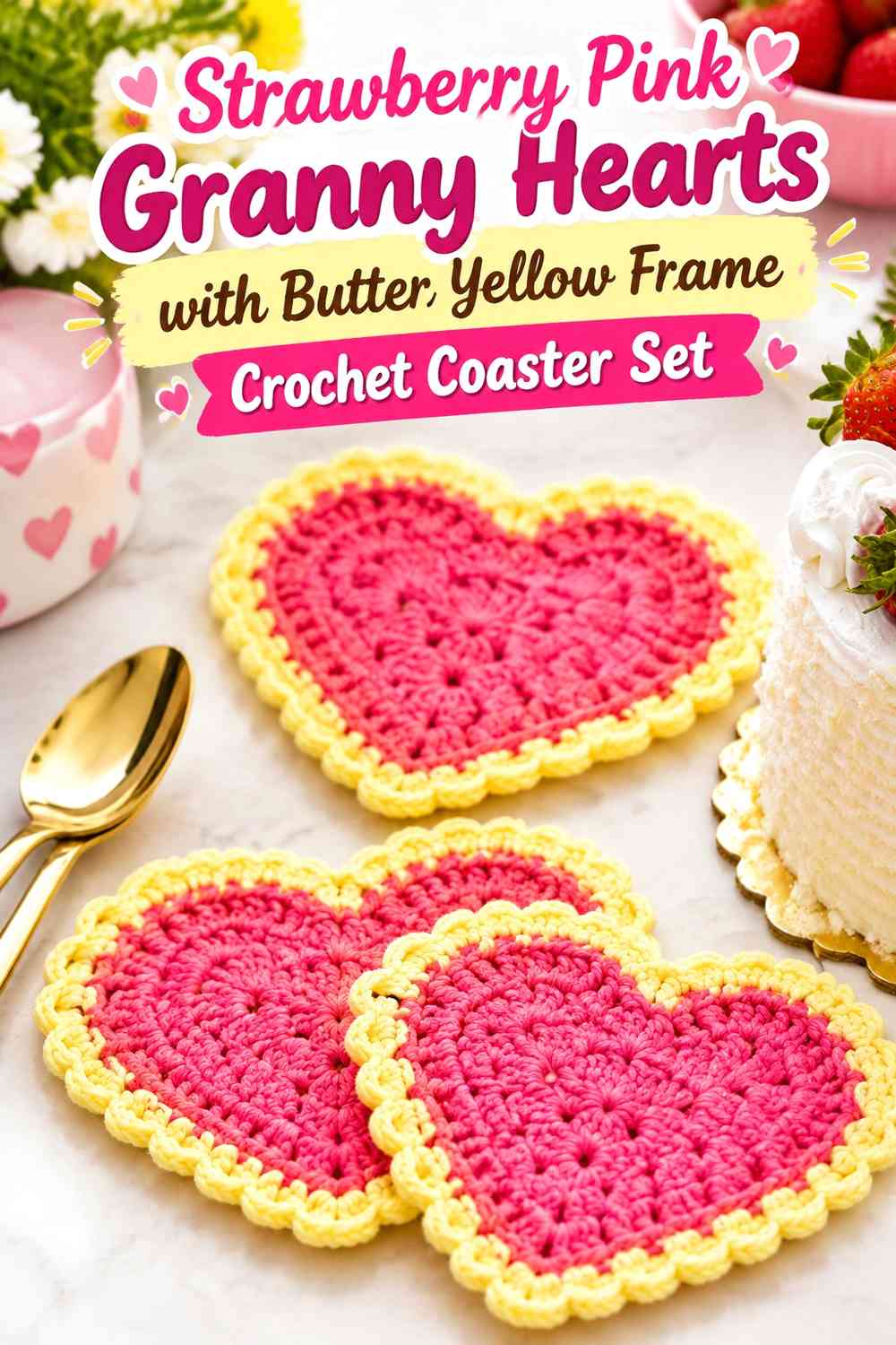 Strawberry Pink Granny Hearts with Butter Yellow Frame Crochet Coaster Set