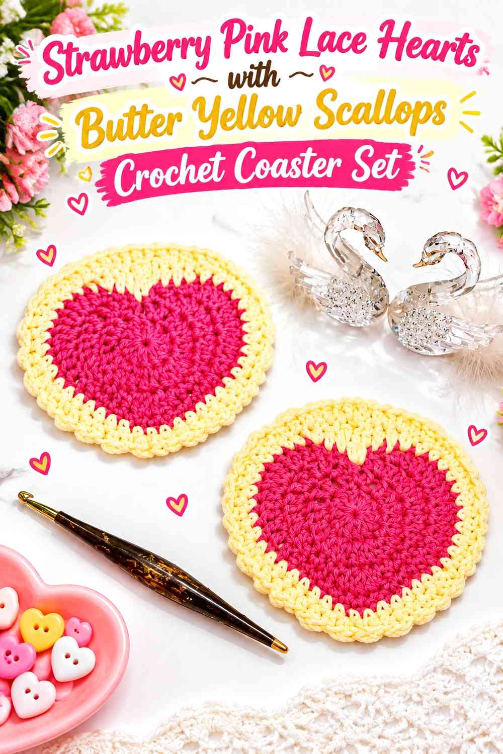 Strawberry Pink Lace Hearts with Butter Yellow Scallops Crochet Coaster Set