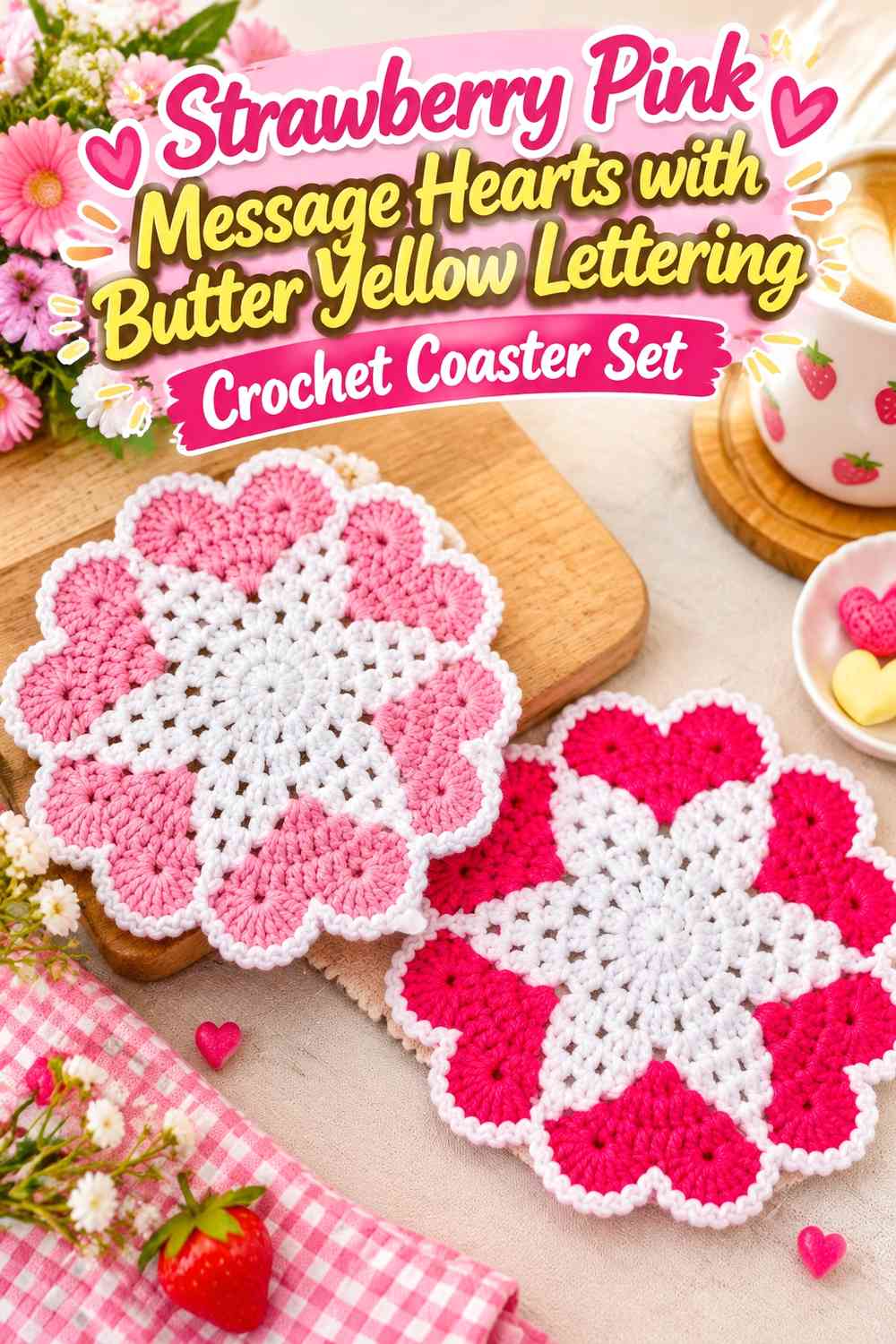Strawberry Pink Message Hearts with Butter Yellow Lettering Crochet Coaster Set