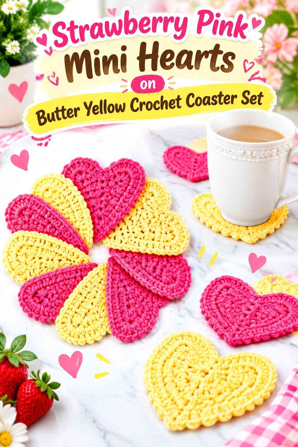 Strawberry Pink Mini Hearts on Butter Yellow Crochet Coaster Set