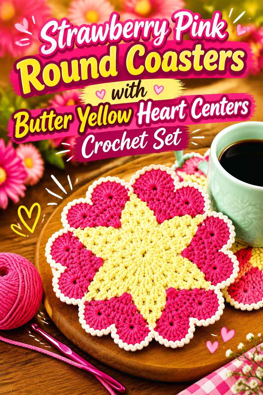 Strawberry Pink Round Coasters with Butter Yellow Heart Centers Crochet Set