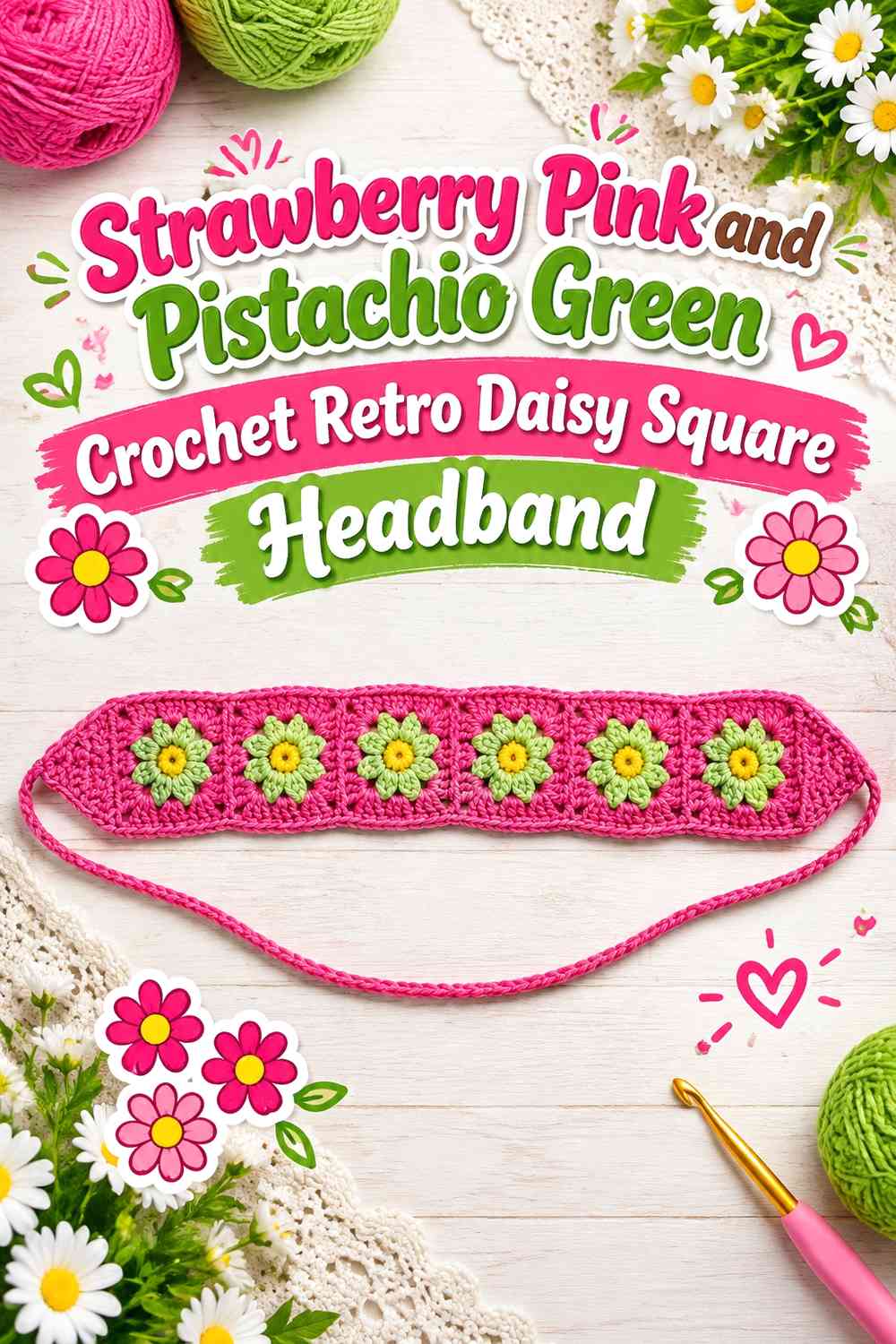Strawberry Pink and Pistachio Green Crochet Retro Daisy Square Headband