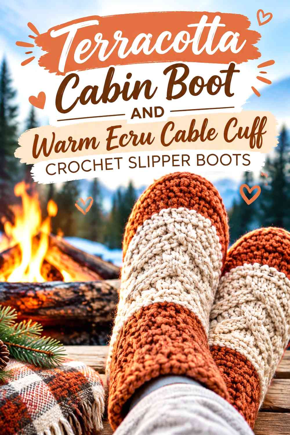 Terracotta Cabin Boot and Warm Ecru Cable Cuff Crochet Slipper Boots