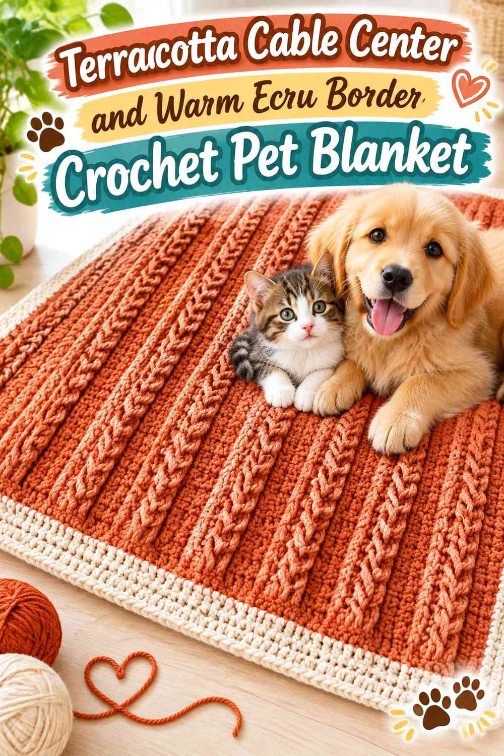 Terracotta Cable Center and Warm Ecru Border Crochet Pet Blanket