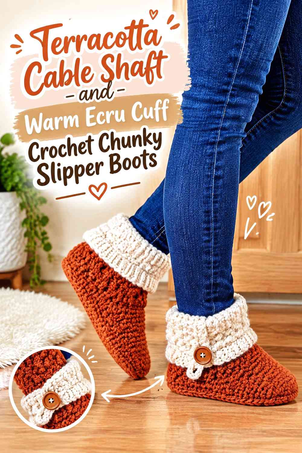Terracotta Cable Shaft and Warm Ecru Cuff Crochet Chunky Slipper Boots