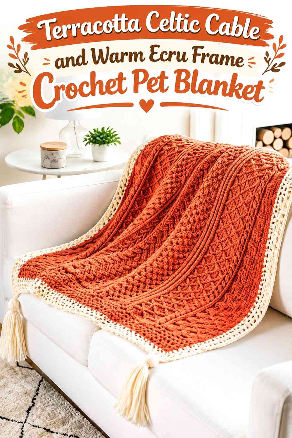 Terracotta Celtic Cable and Warm Ecru Frame Crochet Pet Blanket