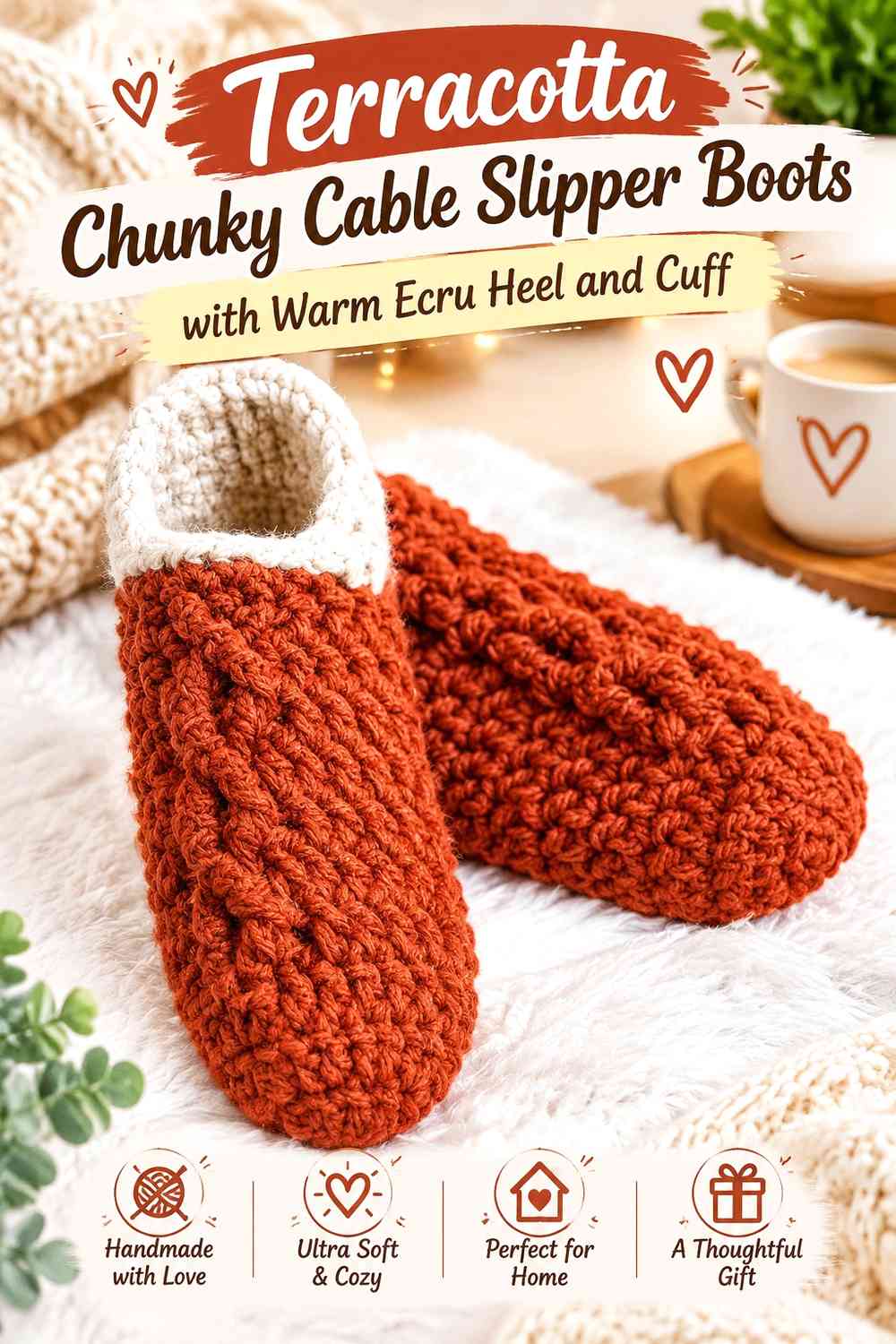 Terracotta Chunky Cable Slipper Boots with Warm Ecru Heel and Cuff