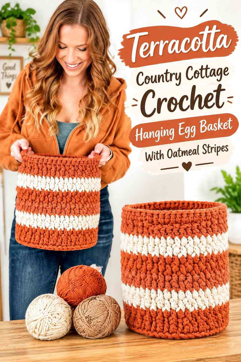 Terracotta Country Cottage Crochet Hanging Egg Basket With Oatmeal Stripes